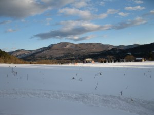 The world is still a snow bowl. View of Ewetopia Farm and the West Monitor Barn.
